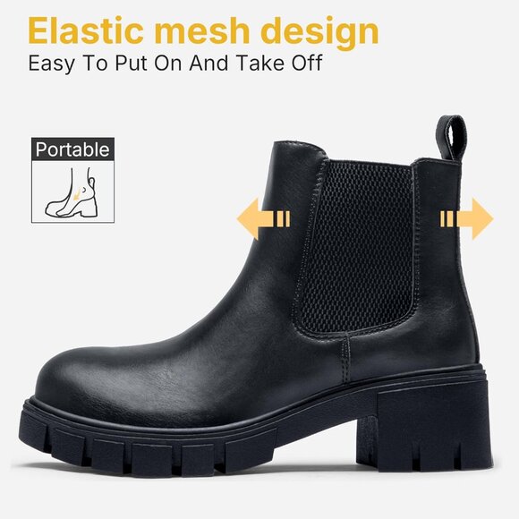 Vepose Women's Black Faux Chelsea Leather Lug Sole Elastic Slip on Ankle Booties - Picture 8 of 9